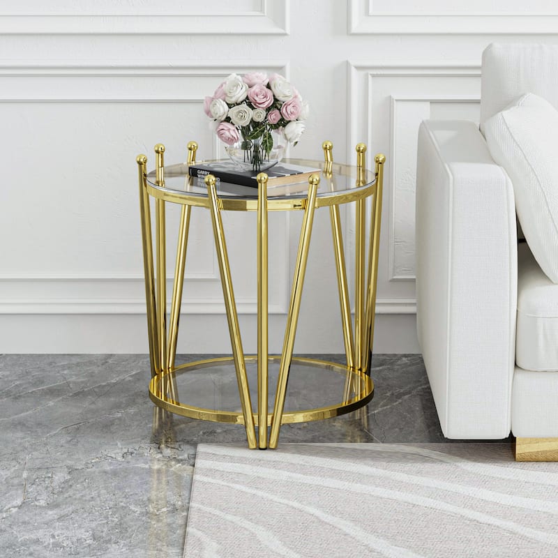 Modern Gold Round End Table with Tempered Glass Top & Crown Design for Living Room