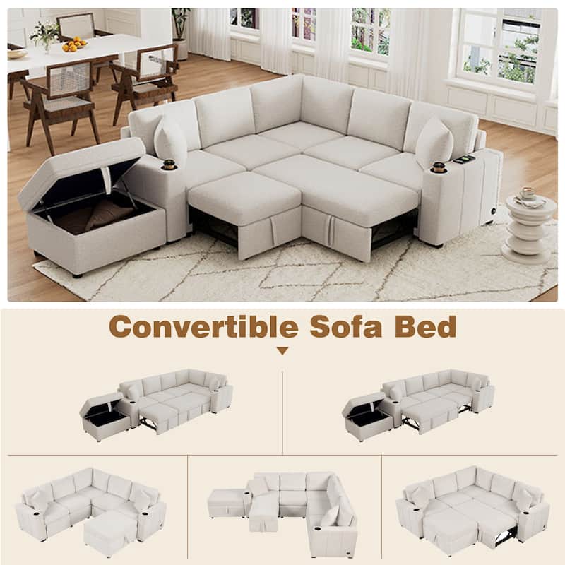 84.7" Modular Sectional Sofa Convertible Pull-Out Bed U-Shape L-Shape Couch with Storage Ottoman USB Ports Cup Holders