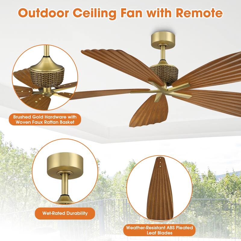 56" Brown Tropical Pleated Leaf 5-Blade Indoor Outdoor Ceiling Fan with Remote, No Light