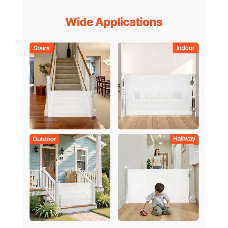 Retractable Baby Gate with Escape-Proof Bottom Hook and Mesh Design for Kids and Pets Safety