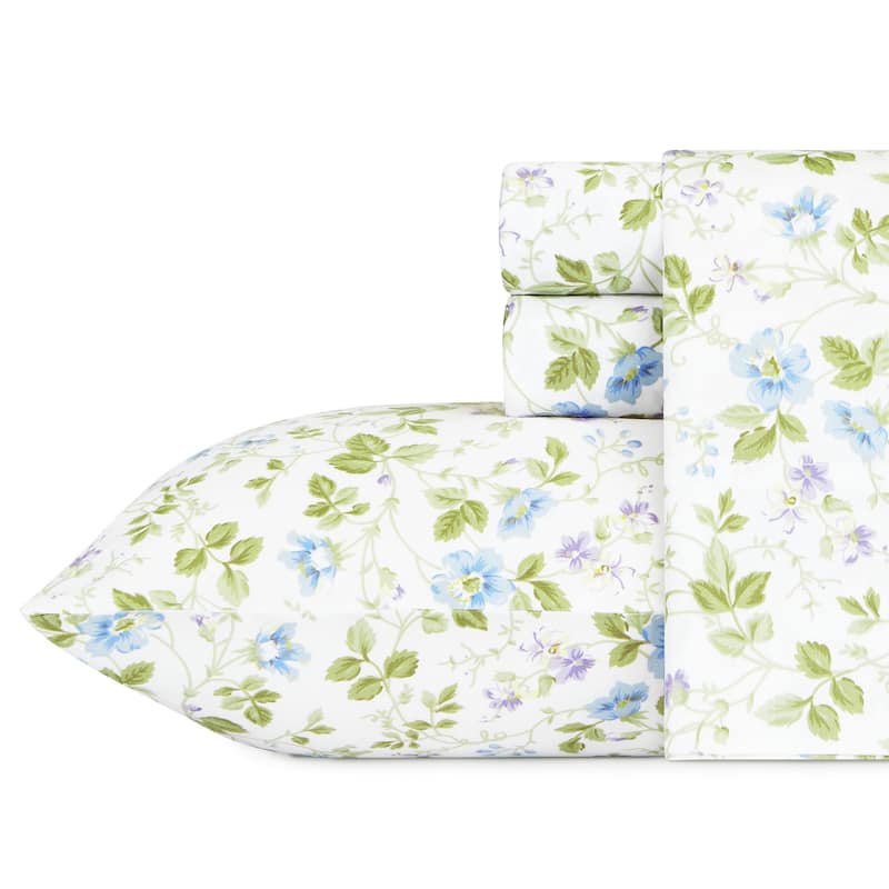 Laura Ashley Soft & Silky Sateen Printed Cotton Sheet Set - Queen - Spring Bloom Wildflower Blue