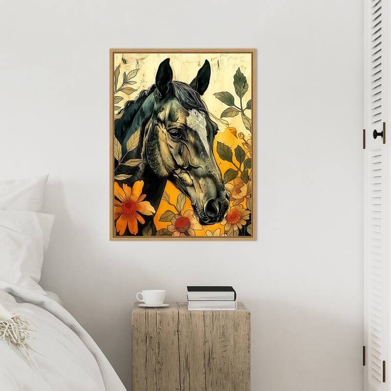 Dark Horse in Flowers by Justyna Jaszke Framed Canvas Wall Art