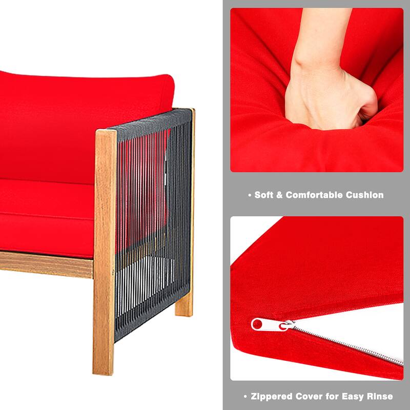 Costway 4PCS Wooden Patio Furniture Set Cushioned Sofa W/Rope Armrest - 4-Piece Sets