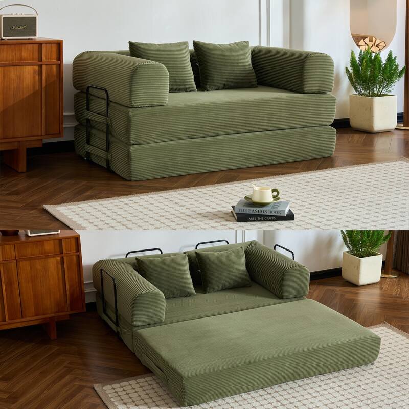 59.05'' Corduroy Convertible Sofa Bed with Cylindrical Pillow, Floor Sofa Lounge Couch