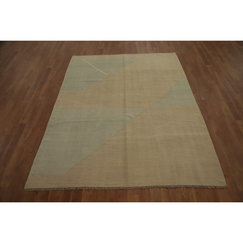 Hand Woven Oriental 100% Wool Carpet Southwestern Modern Beige & Ivories Kilim Area Rug - 6' 4'' X 5' 0''