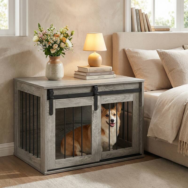 Gymax Dog Crate Furniture 31.5'' Heavy Duty Dog Kennel w/Sliding Barn