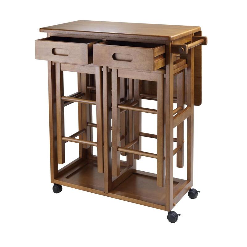 Retro Rolling Cart with Stools - Space Saving Bar Cart, Drop Leaf Table, Kitchen Dining Furniture