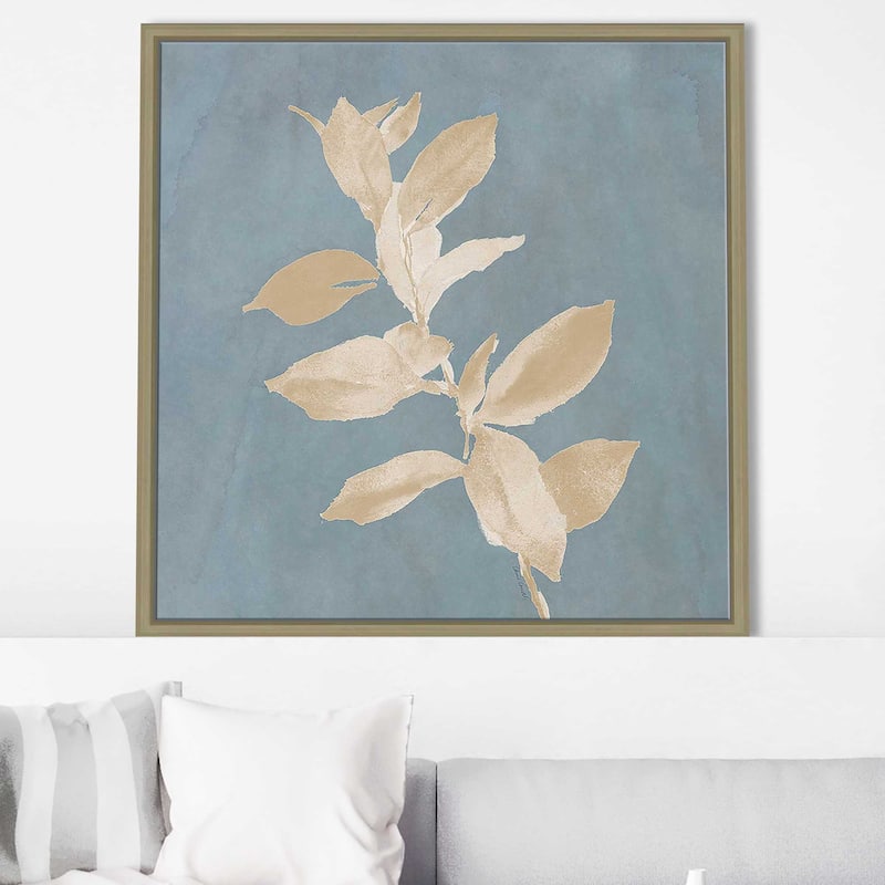 "Tan Leaf on Blue Square I" Print on Floating Canvas