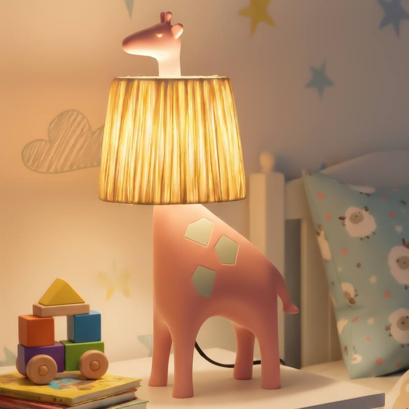 Giraffe Table Lamp with Handwoven Raffia Lampshade, LED Bedside Lamp with In-Line Switch, Resin Base - Pink