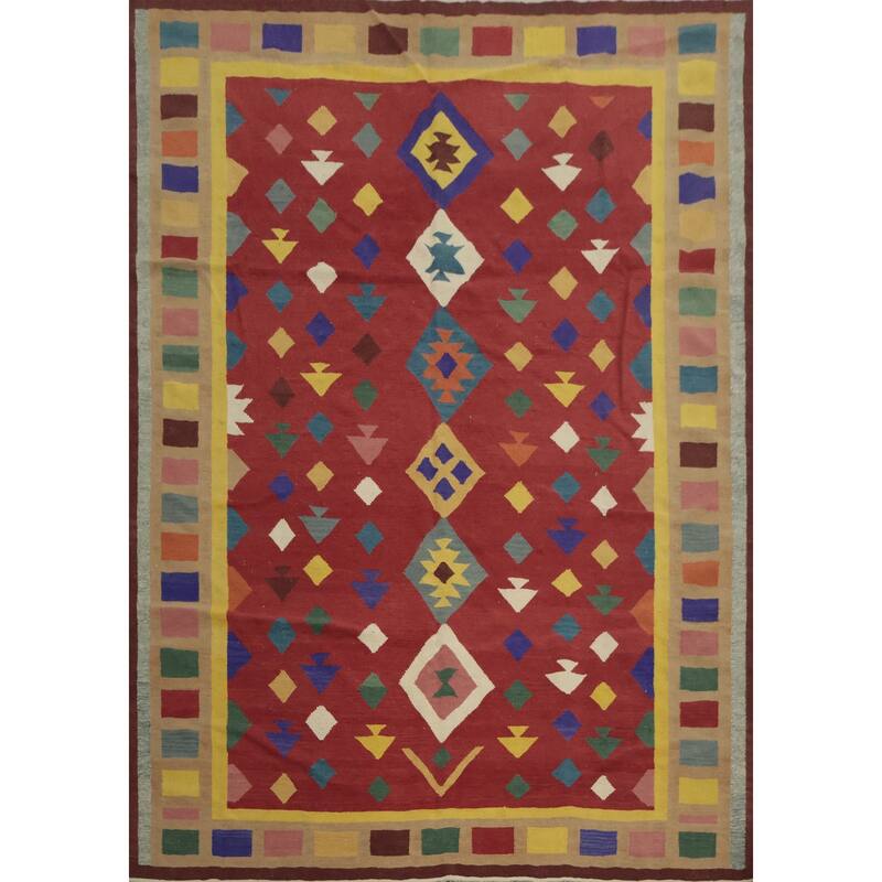 Hand Woven Oriental 100% Wool Carpet Southwestern Tribal Red Kilim Area Rug - 9' 10'' X 8' 2''