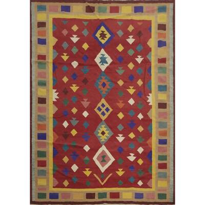 Hand Woven Oriental 100% Wool Carpet Southwestern Tribal Red Kilim Area Rug - 9' 10'' X 8' 2''