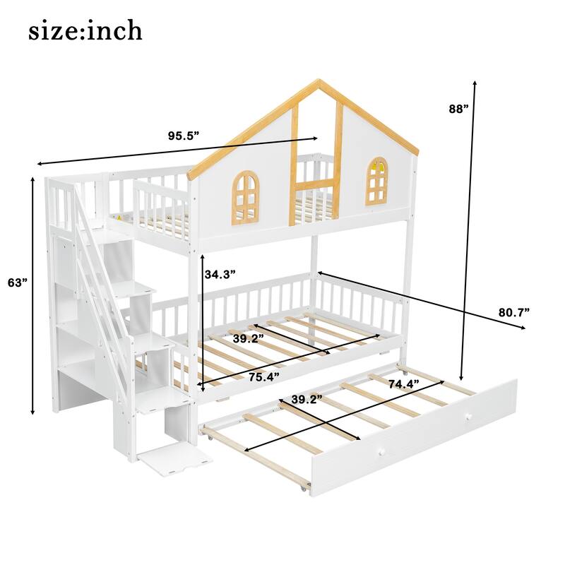 Fairytale Bunk Bed with Window Door House-shaped Roof Frame and Storage Staircase, Optional with Storage Drawers or Trundle Bed
