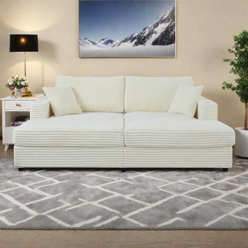 86.5" Corduroy Chaise Lounge Sofa Bed with USB Ports, Cup Holders and 8" Thick Cushions - Beige