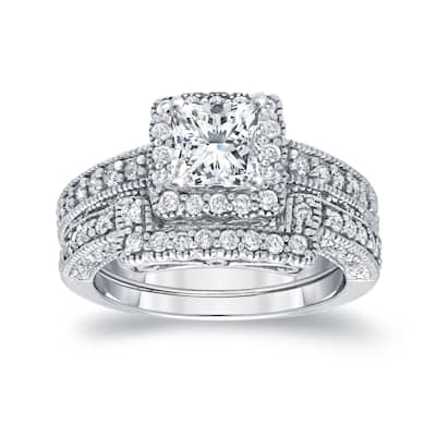 Auriya 14k Gold 1 3/4ctw Vintage Princess-cut Diamond Halo Engagement Ring Set