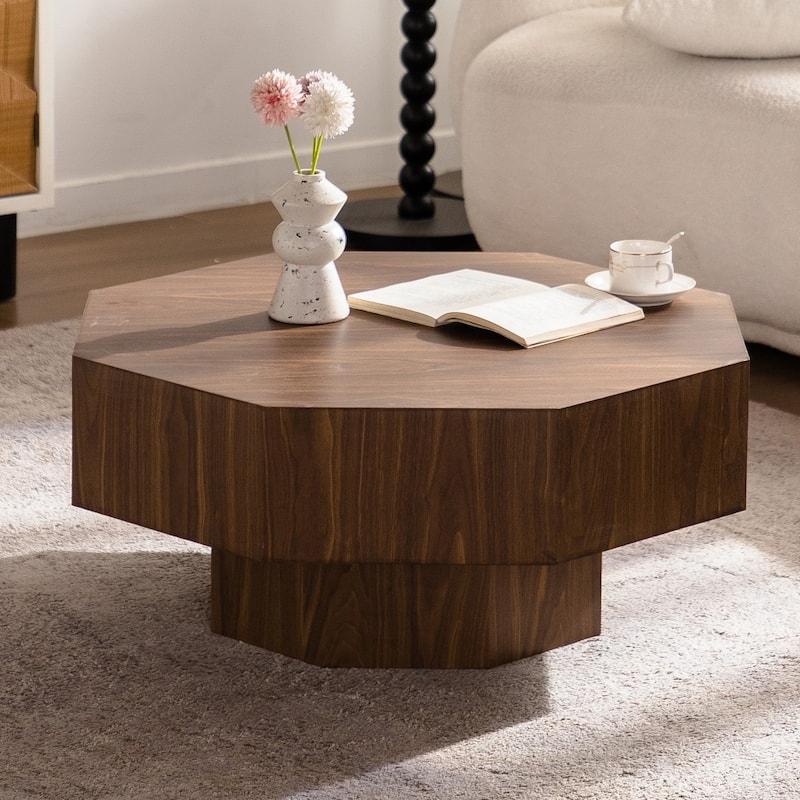 30.51" Vintage Wooden Octagonal-shaped Coffee Table with Stable Base - MDF - Walnut