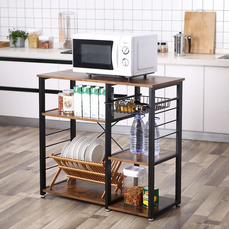 Vintage Black Iron Kitchen Bakers Rack with Shelves Wire Basket and Hooks for Storage and Organization - 35.4"L x 15.7"W x 33"H