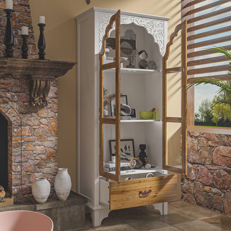 Boho Wood & MDF Display Cabinet with Tempered Glass Doors, Carved Arch Frame & Metal Handle Drawer