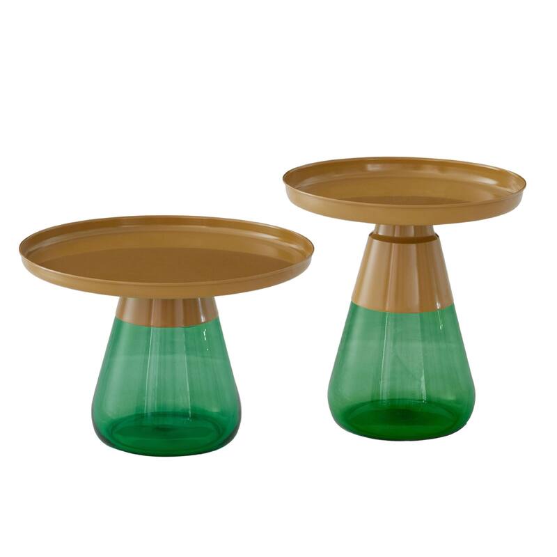 Gold Titanium Coffee Table Set of Two with Glass Base Modern Accent - 24x17 19x20 - 24x17 19x20 - Green - Iron