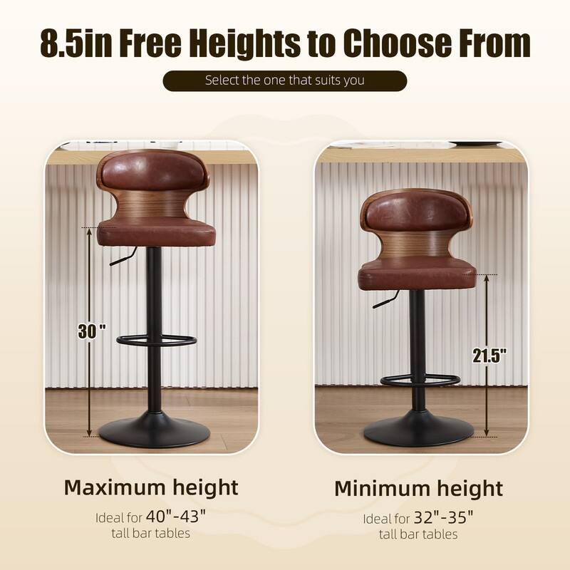 PU Leather Upholstered Curved Backrest 360° Swivel Adjustable Height Bar Stools with Footrest(set of 2)