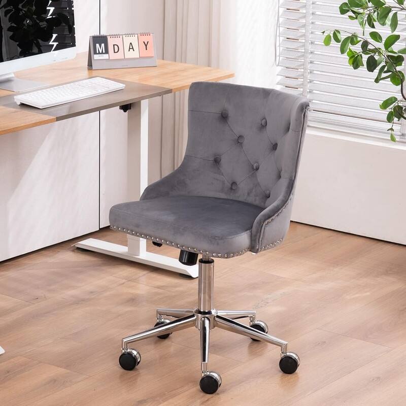 VINGLI Pink Velvet Office Chair with Wheels