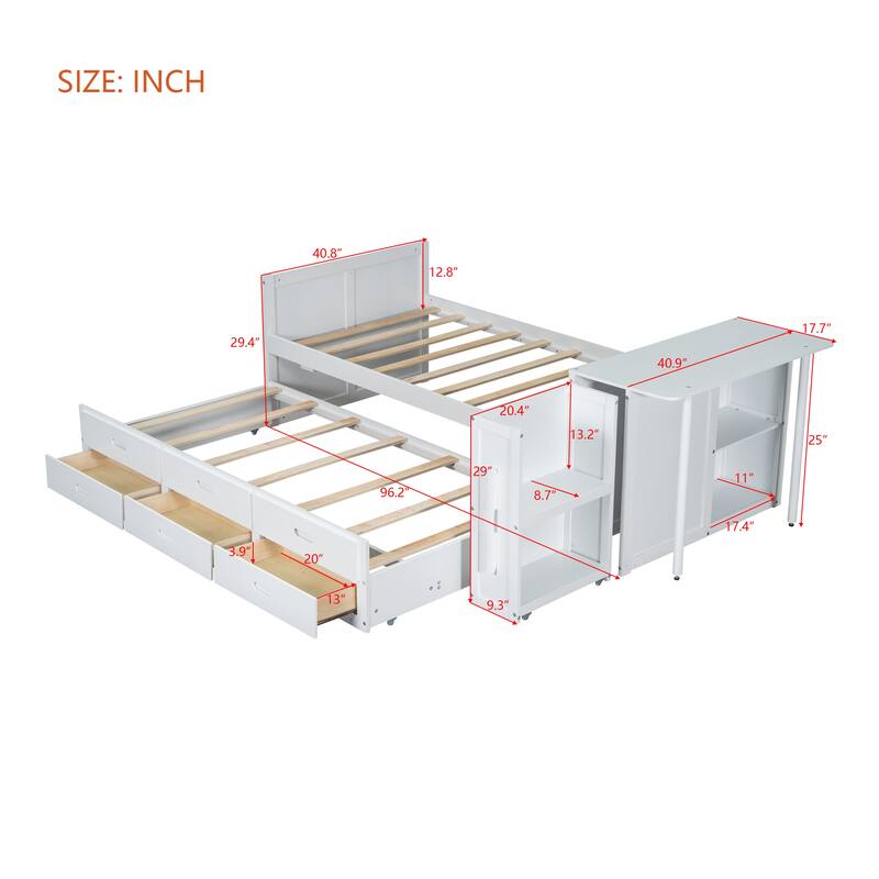 Wood Platform Bed with Built In Trundle Bed and 3 Drawers, Twin Size Versatile Bed Frame with Desk and Storage Shelf
