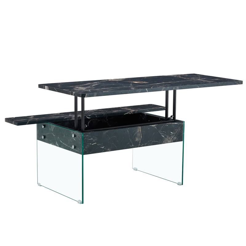 Roomfitters Lift Top Coffee Table with Glass Legs and Storage, Light Wood Grain Finish, Modern Living Room Style