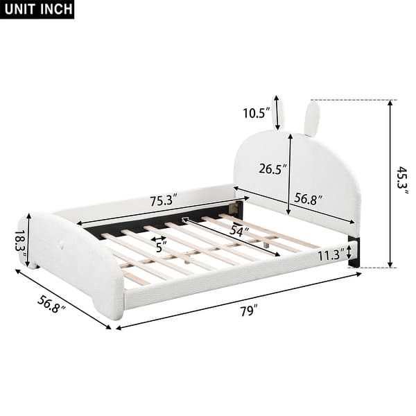 Full Size Upholstered Bed with Cartoon Ears Headboard, White