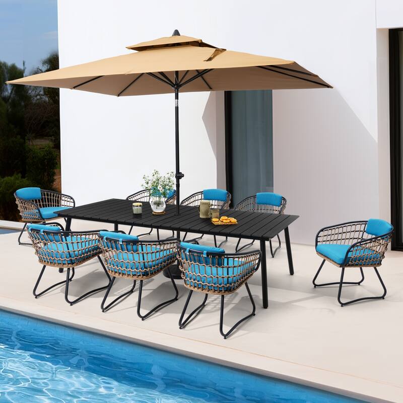 Outdoor 9PC- Patio Rectangular Aluminum Dining Table Sets with Umbrella Hole with Rattan Chair