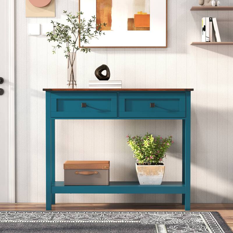 Anmytek Blue Console Table with 2 Drawer and Bottom Storage Shelf,Rustic Side Table for Entryway