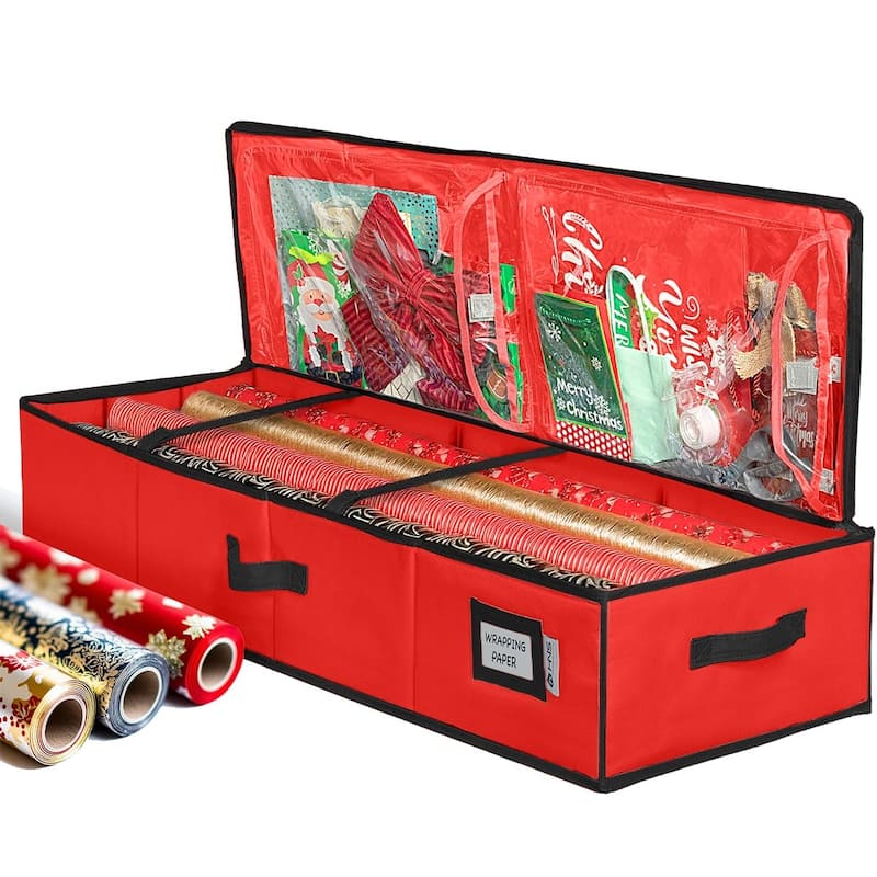 HOLDN' STORAGE Wrapping Paper Storage Container, Fits 27 Rolls Gift Wrap, Extra Pockets for Ribbons & Bows, Underbed Storage - Red