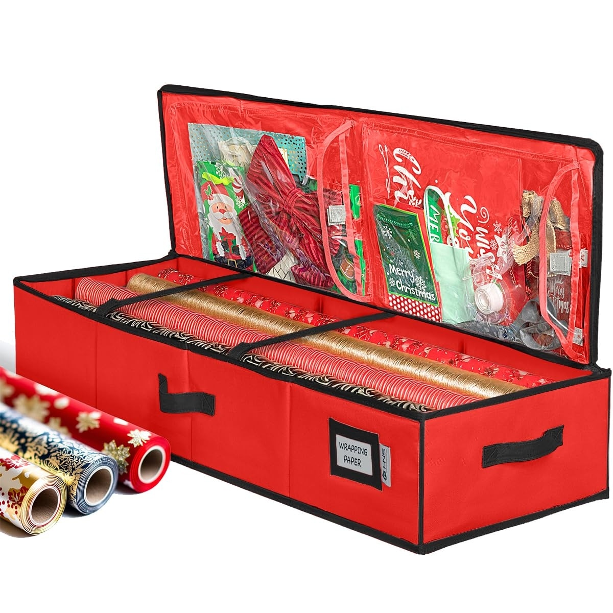 HOLDN' STORAGE Wrapping Paper Storage Container, Fits 27 Rolls Gift Wrap, Extra Pockets for Ribbons & Bows, Underbed Storage