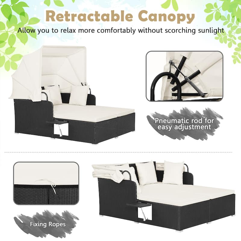 Patio Rattan Daybed Outdoor Loveseat Sofa Set with Retractable Canopy