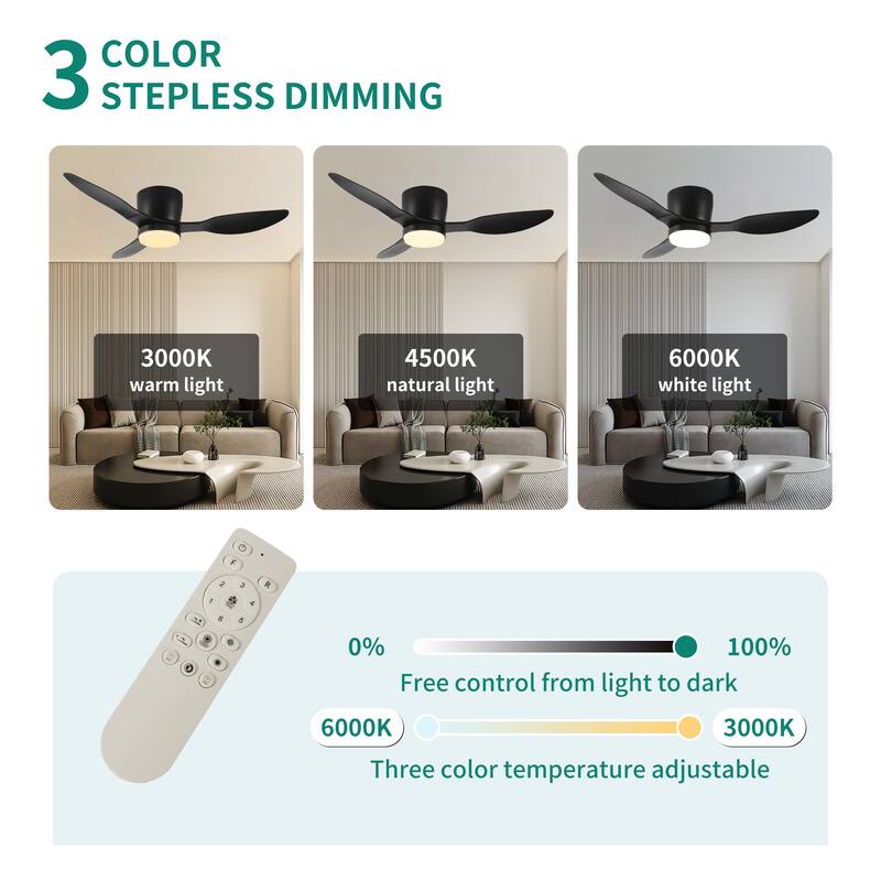 42" Flush Mount Ceiling Fan with Lights Remote, 3 Blades Smart Ceiling Fan