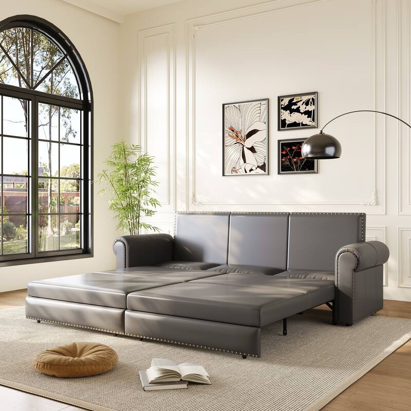 King Pull Out Sofa Bed, 3-in-1 Convertible Leather Sleeper Sofa, Chaise Lounge Daybed with Nailhead Trim & Rolled Arm