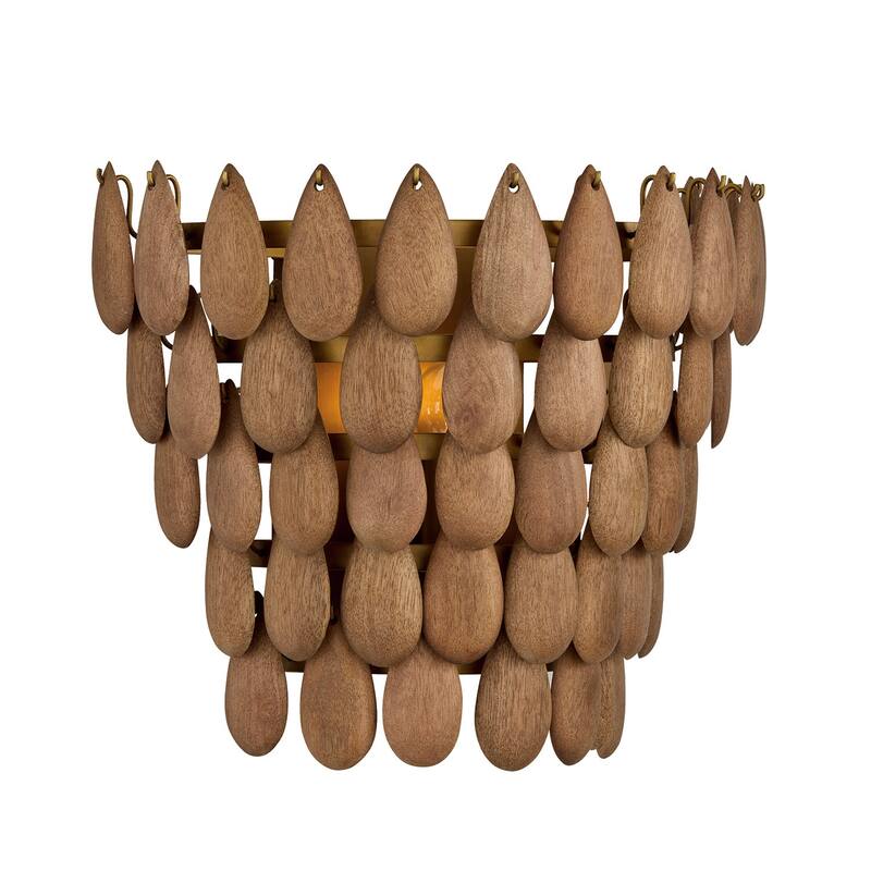 11.5" H x 13.5" W 1-Light Flush Mount Sconce in Hand-distressed Patinaed Brass and Handcrafted Mango Wood - 13.75"W x 12"H x 8"E