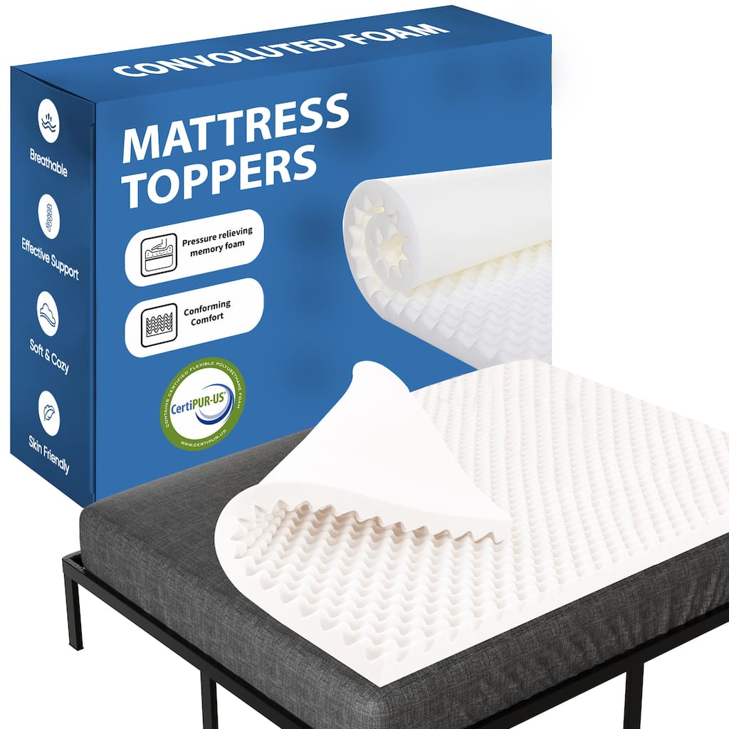 Onetan,1-Inch High Density Convoluted Eggshell Breathable Foam Topper, Add Comfort To Mattress.