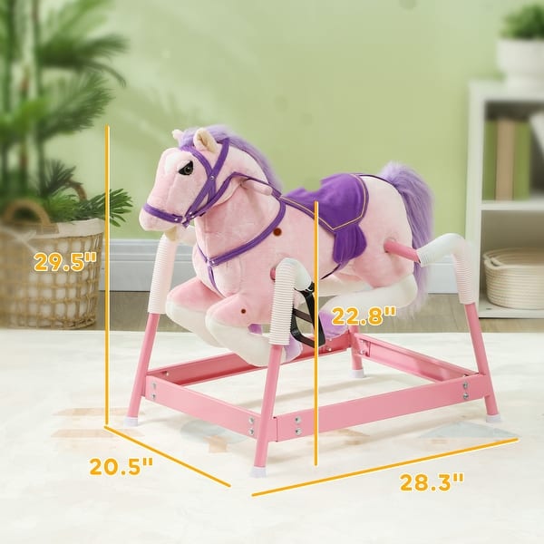 dimension image slide 0 of 2, Qaba Spring Rocking Horse, Kids Ride on Horse, Plush Horse Ride-on with Sounds & Foot Stirrups, Saddle for Kids 3-8 Years, Pink