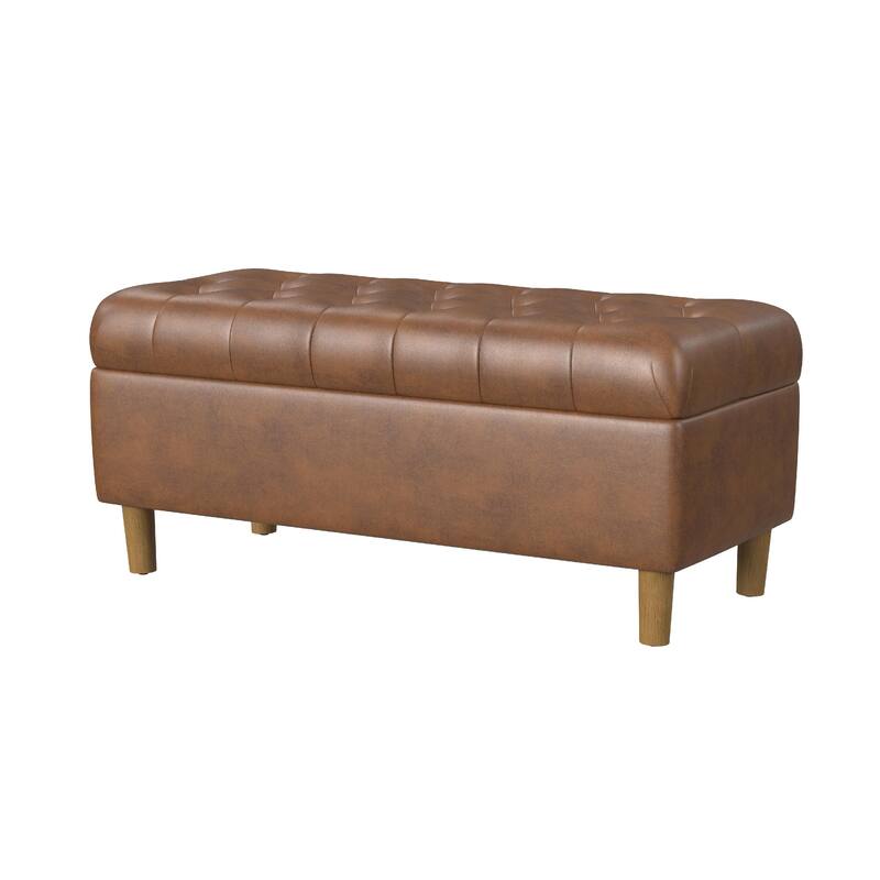 Sol Storage Bench Ottoman, Brown Faux Leather and Hardwood, 36 Inch