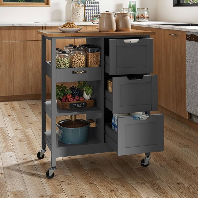 Moasis Rolling Kitchen Bar Trolley Serving Cart with 3 Drawers and Wheels