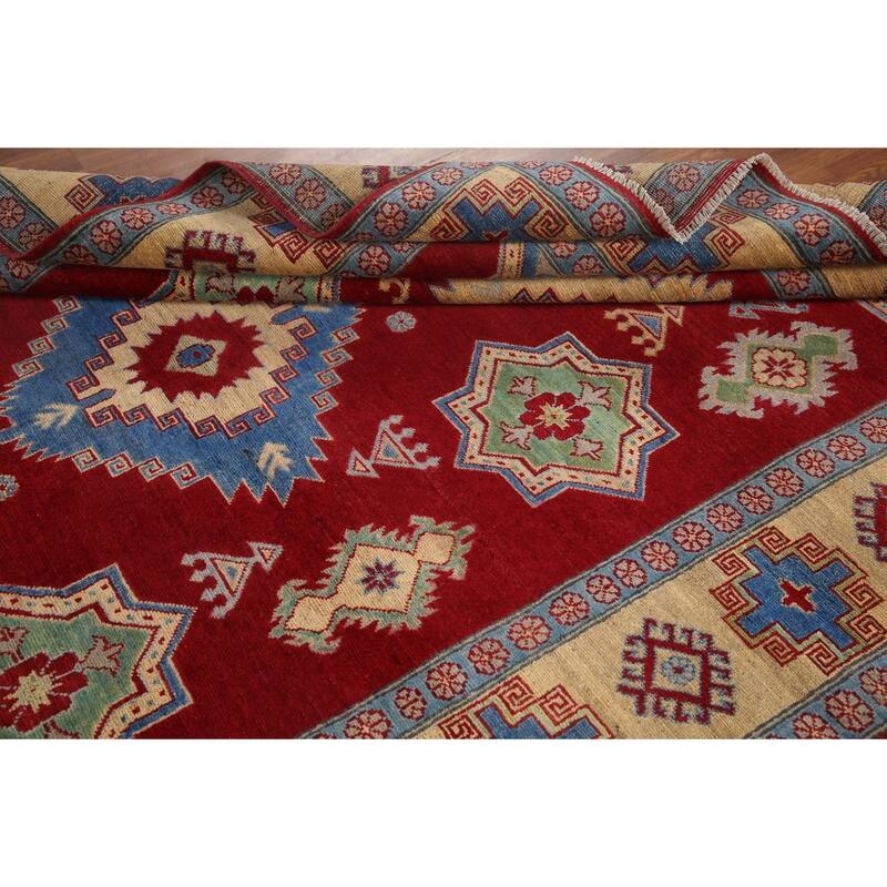 Hand Knotted Oriental 100% Wool Carpet Traditional Geometric Red Kazak Area Rug - 9' 8'' X 6' 7''