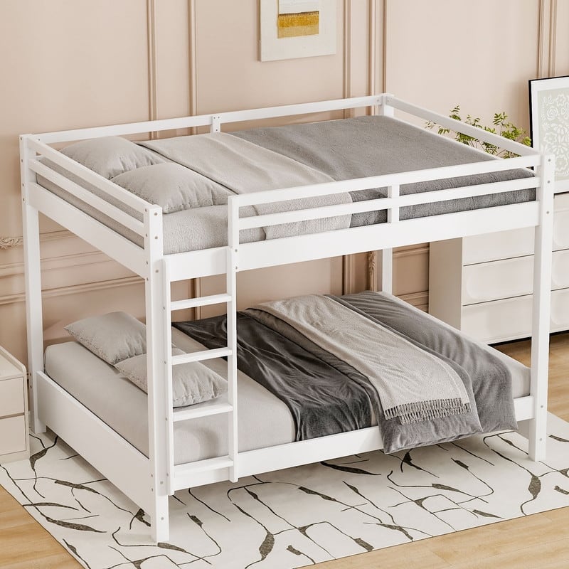 Modern Queen Size Bunk Bed with Ladder and Guardrail, Wood Kids Teens Bed Frame with Trundle Optional - White - No Trundle