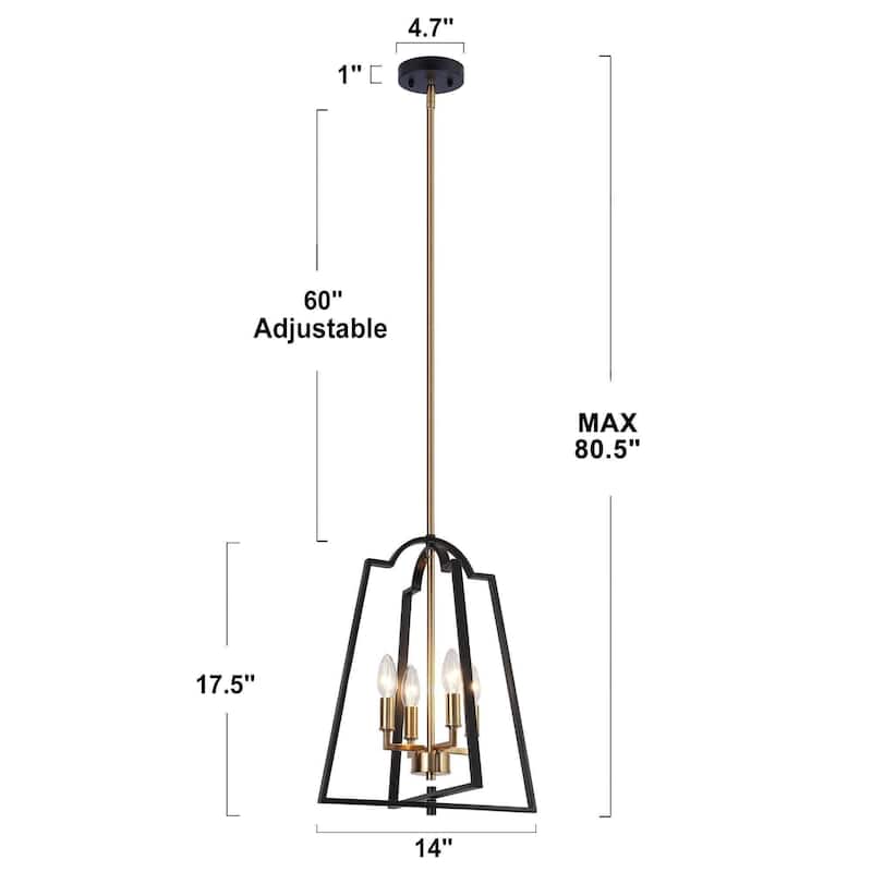 Modern 4-Light Geometric Chandelier Black Gold Pendant Lights for Dining Room - 14" W x 17.5" H