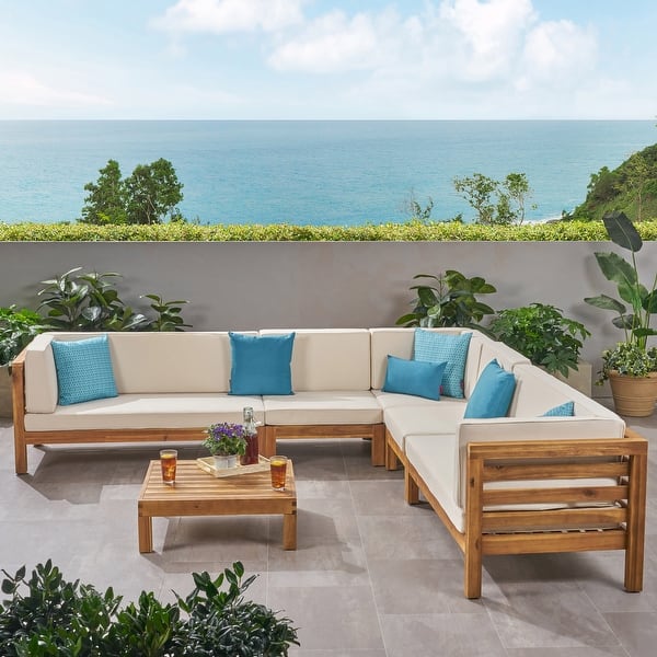 Oana Outdoor 7-seater Acacia Wood Sectional Sofa Set by Christopher ...