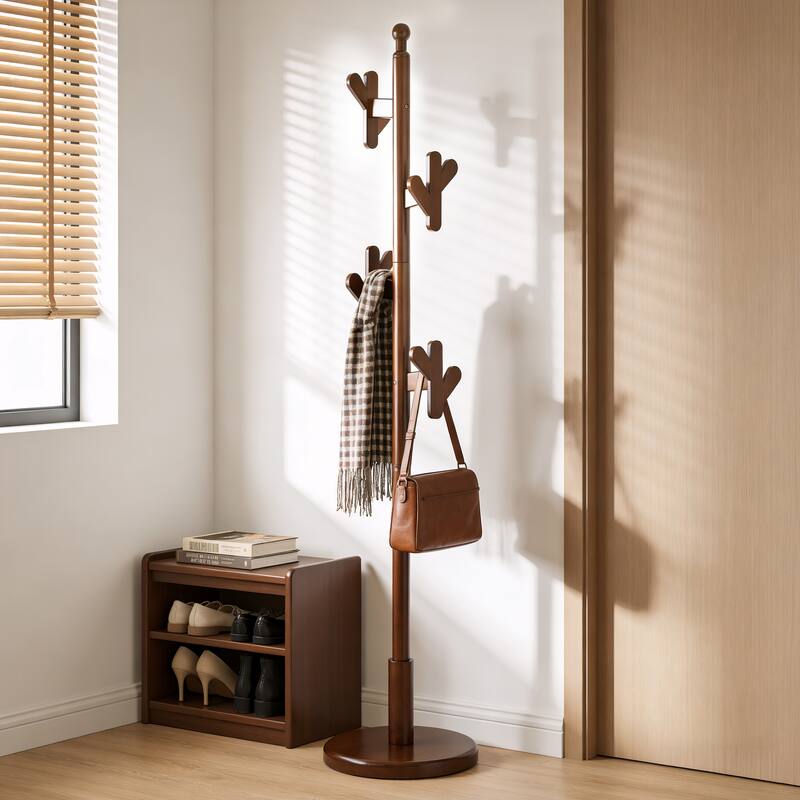 Solid Wood Coat Rack Freestanding Coat Tree Stand with 4 Creative Antler Hooks - 72"H x 15.7"W