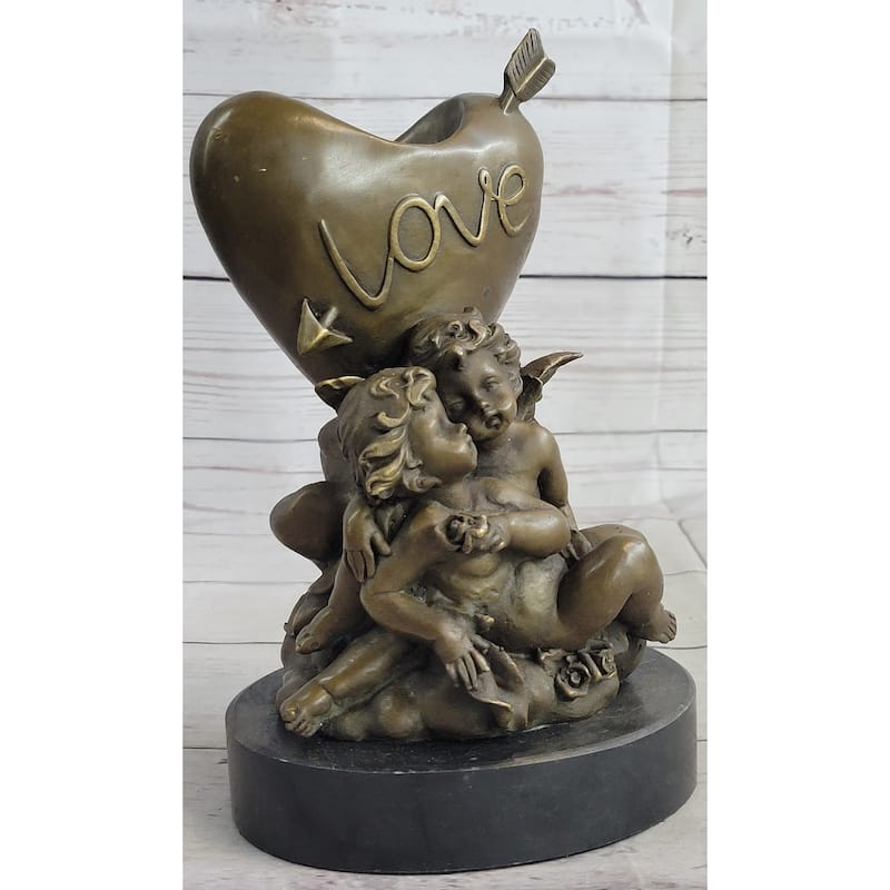 Bronze Candle Holder Cherubim Hearts Love Valentines Romance 9 Inches X 6 Inches