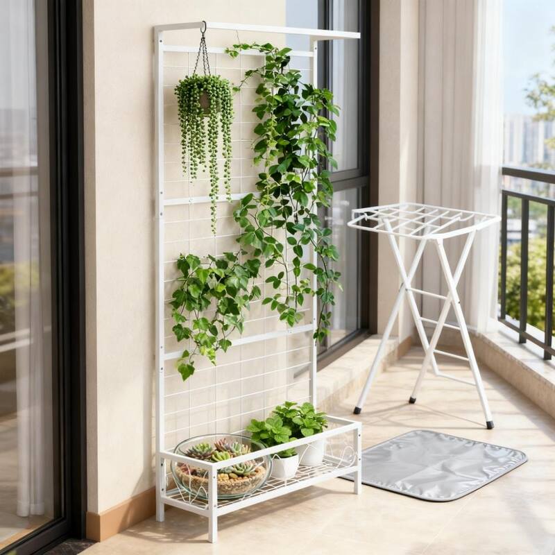 GDFStudio - Outdoor Marcellus Steel Tall Plant Stand with Trellis and Multi-Pot Holders - 74.2"H