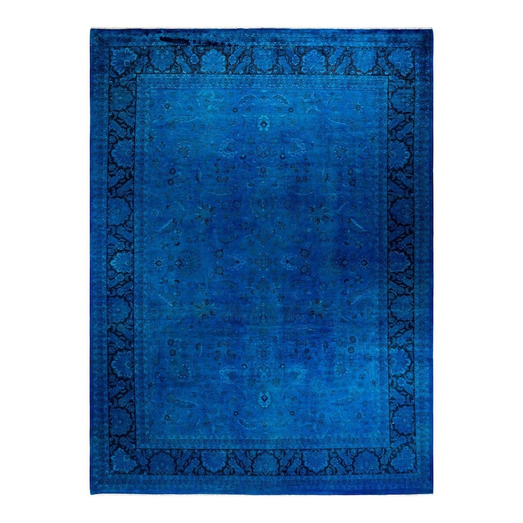 Overton Hand Knotted Wool Vintage Inspired Modern Contemporary Overdyed Blue Area Rug - 9' 2" x 12' 3"