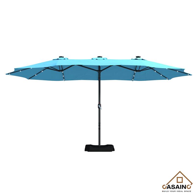 15-ft. Rectangular Crank Double-sided Outdoor Market Umbrella Solar LED Lighted Patio Umbrella with Base Included