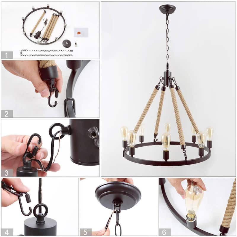Modern Farmhouse 8-Light Wagon Wheel Chandelier for Dining Living Room - D 28" x H 26.5"