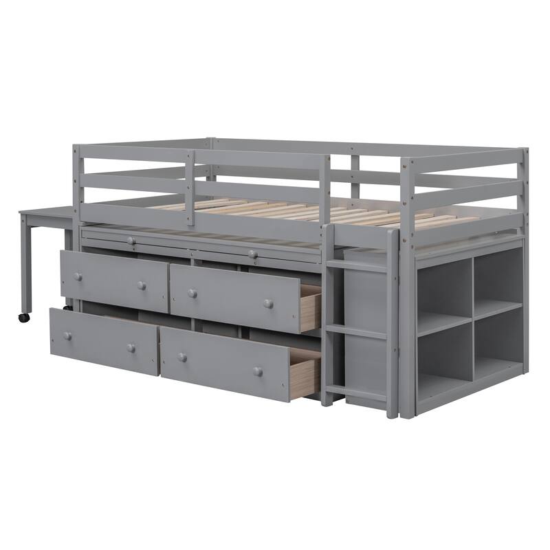 Space-Saving Twin Loft Bed with Retractable Desk, Drawers, and Shelves